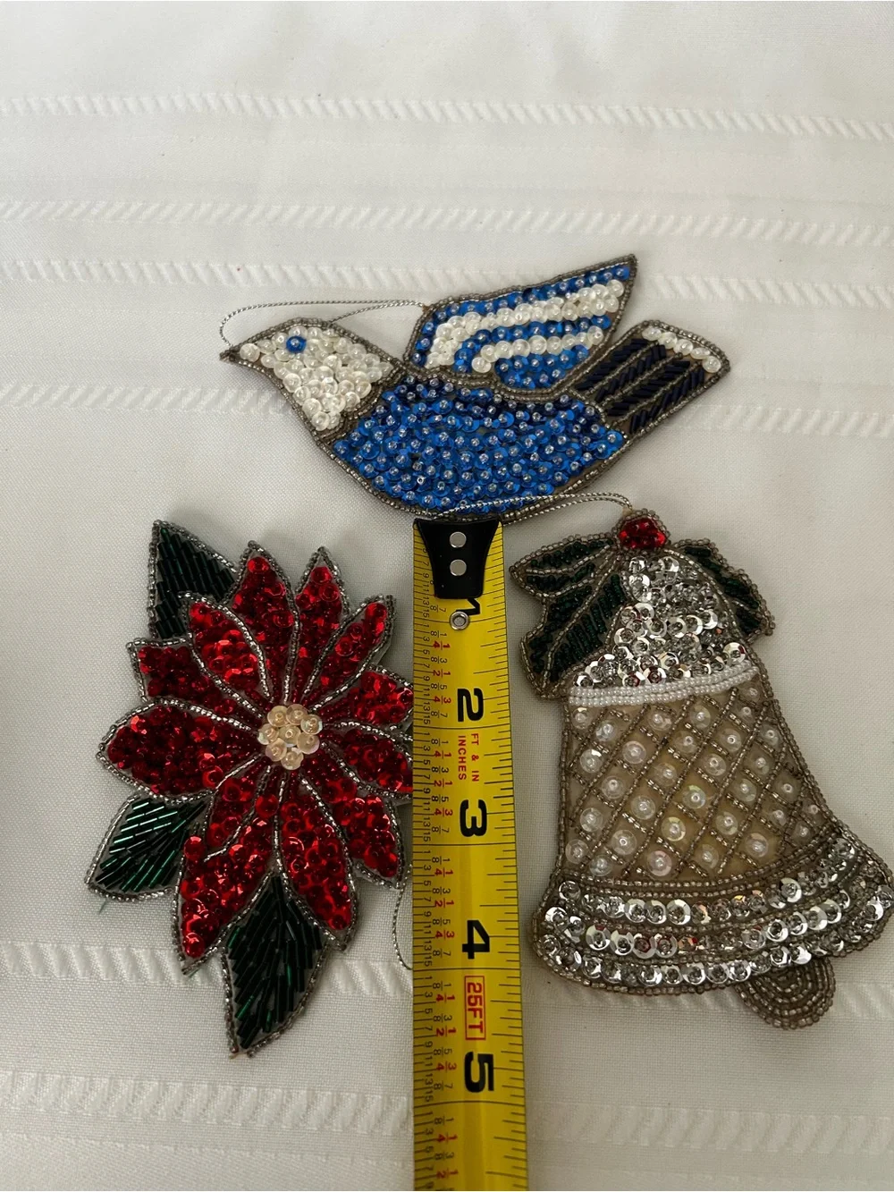 Vintage Set of 3 Avon Christmas Ornament Bell Pointsettia Dove Shimmering Sequin